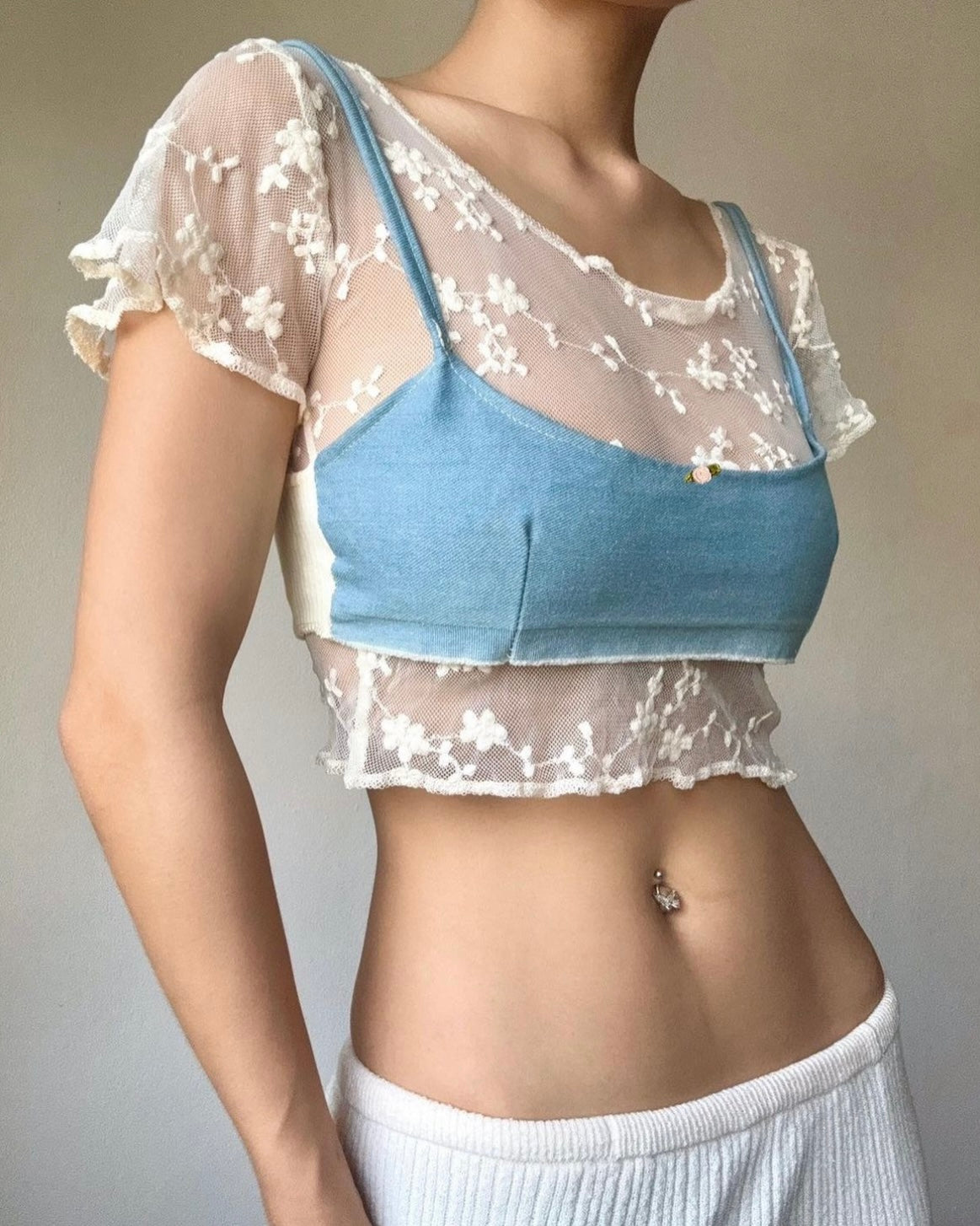 法式性感Denim Lace Crop Top #2